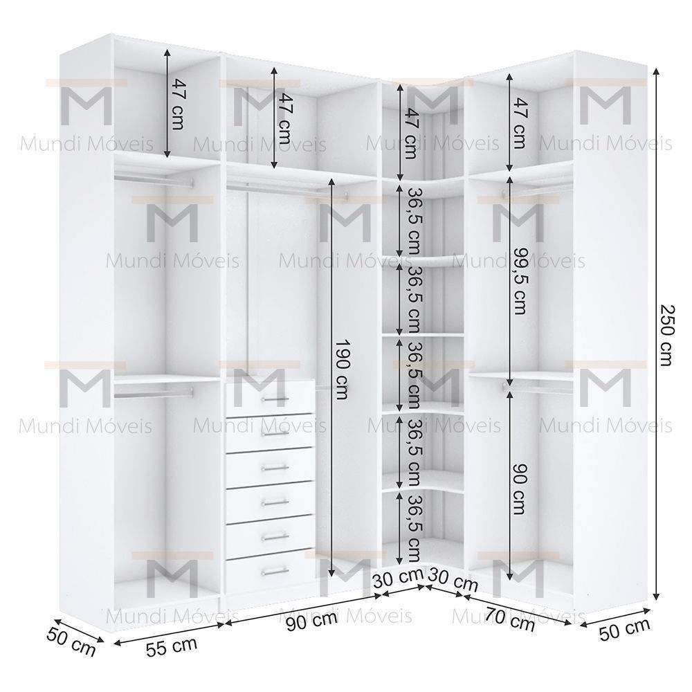 KIT CLOSET COM GAVETEIROS E CABIDEIRO A 2,50 M311.B Mundi Móveis