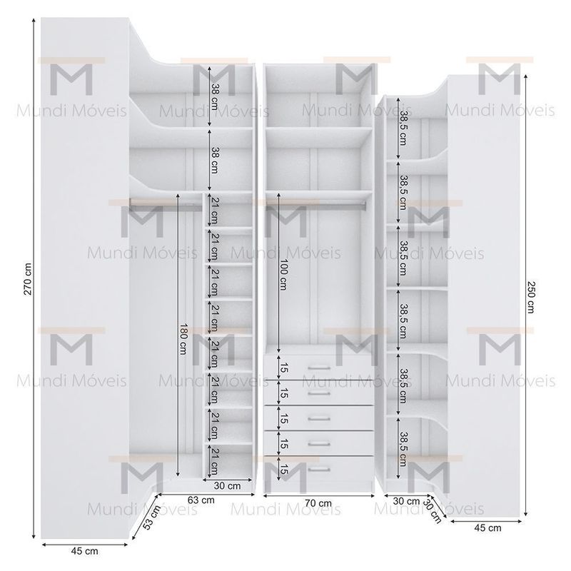 KIT CLOSET DUAS ALTURAS 270CM E 250CM M541.B - Mundi Móveis